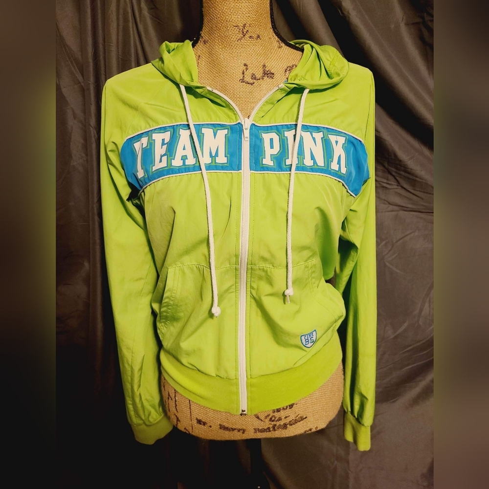 real Victoria secret PINK hoodie zip up jacket  green with blue and white ..